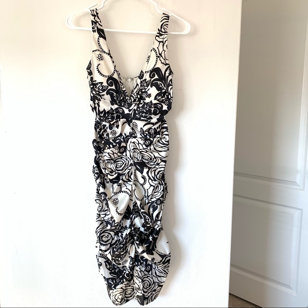 Black and white silky v neck dress with ruching
